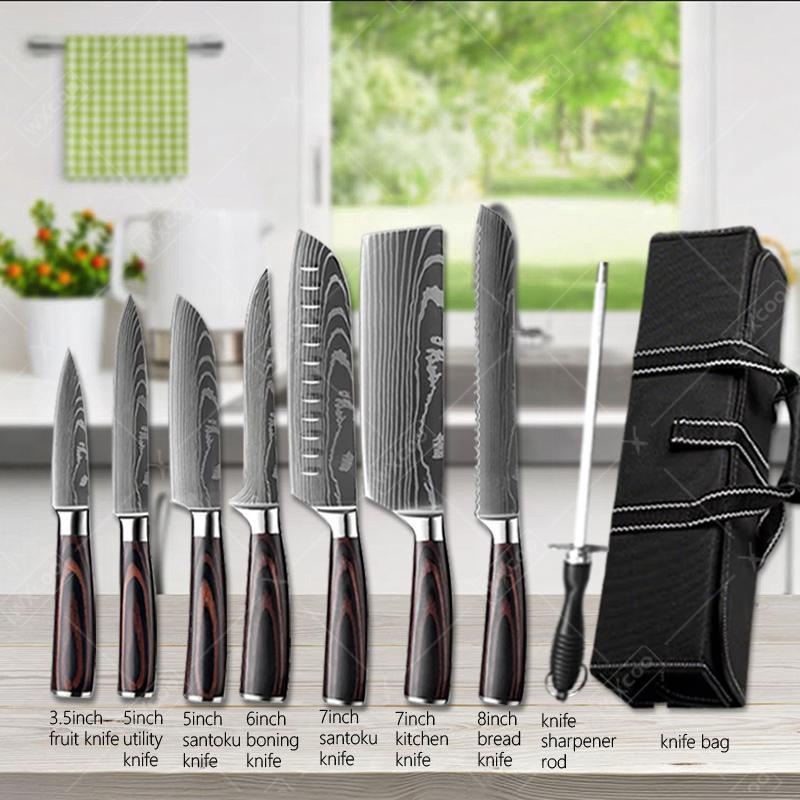 Oud Wood Chip - Damascus Steel Japanese Knife Set with